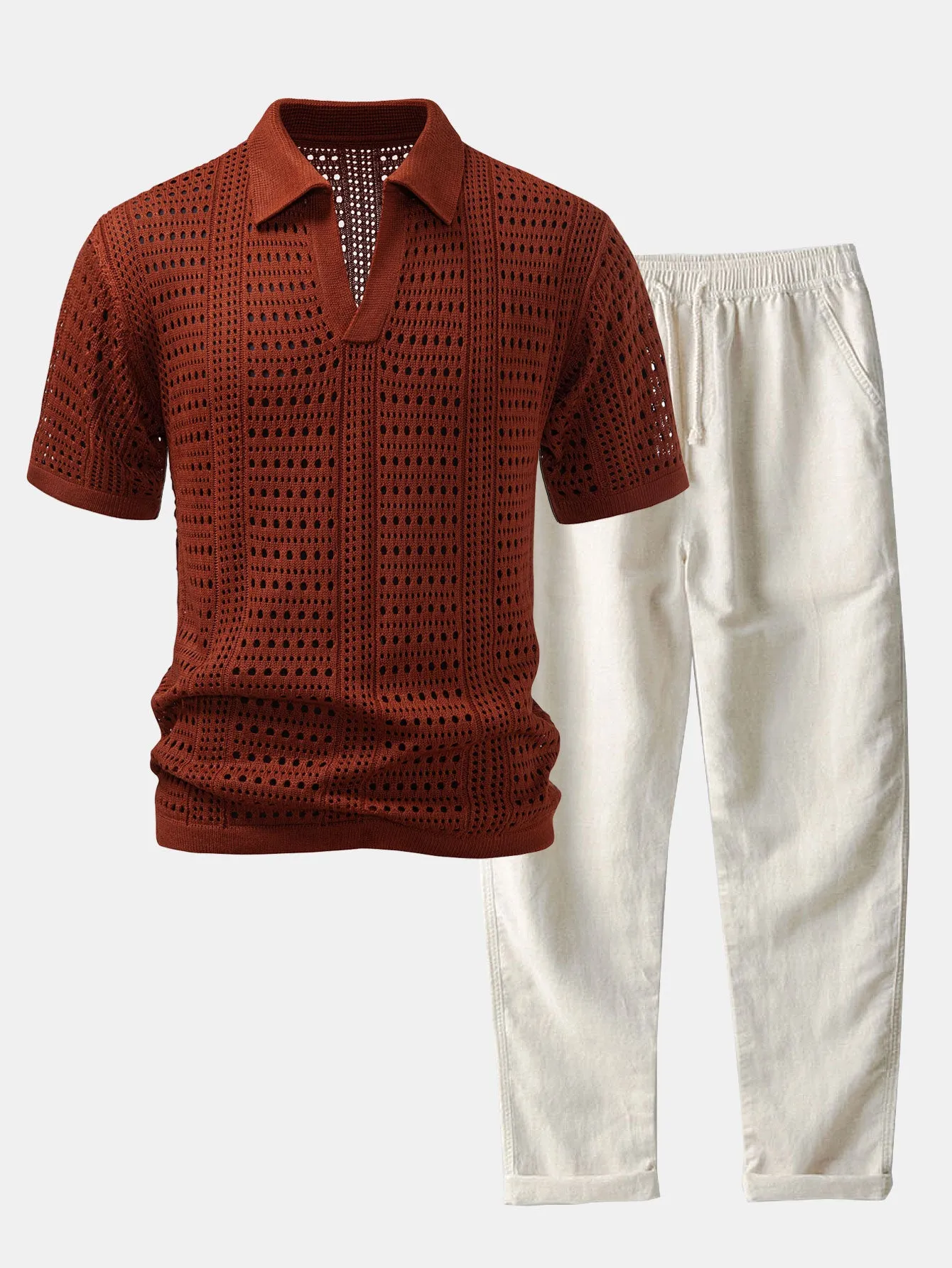 Crochet V Neck Polo Shirt & Straight Leg Linen Pants sold by Hoooyi