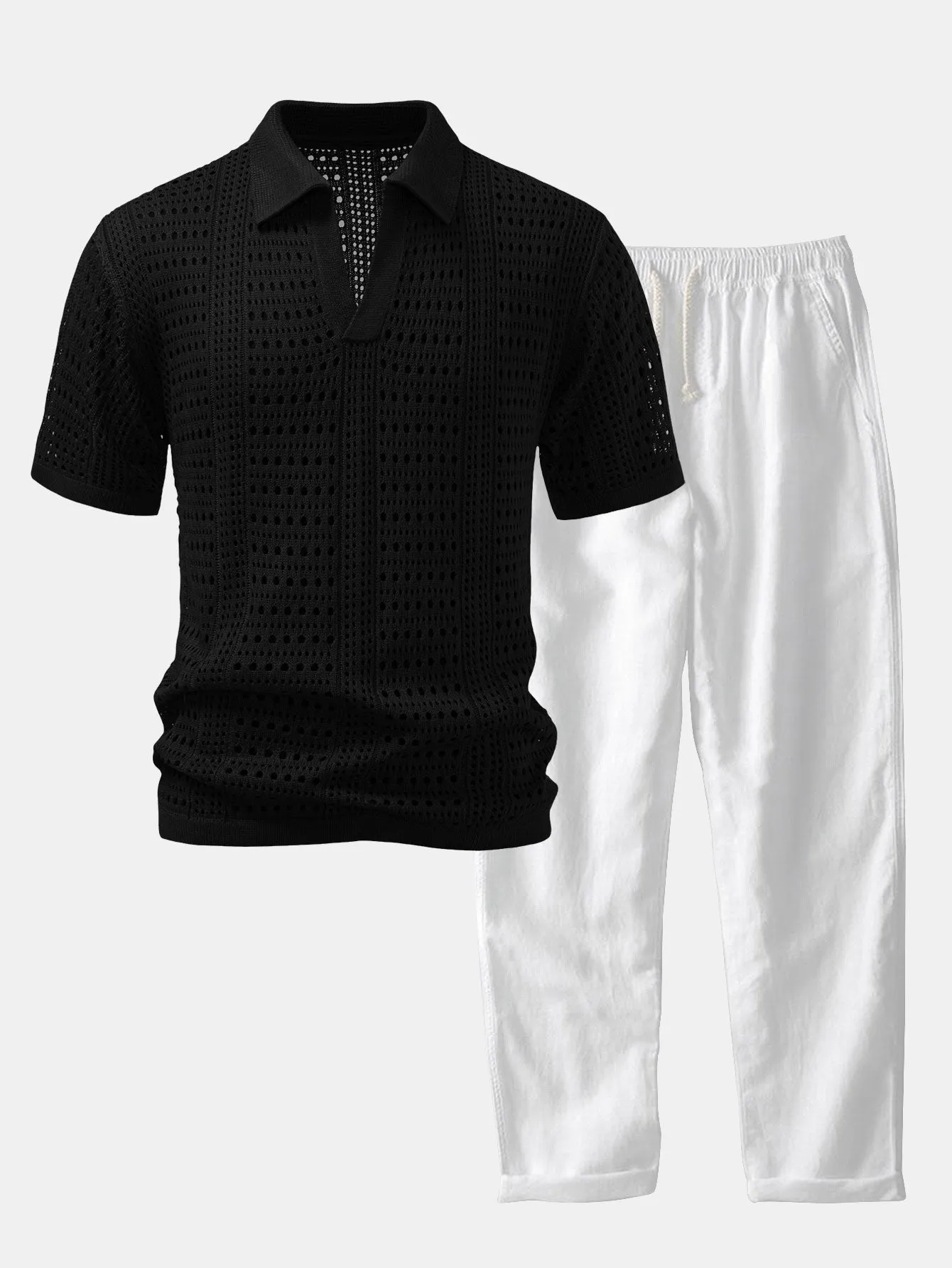 Crochet V Neck Polo Shirt & Straight Leg Linen Pants sold by Hoooyi product image thumbnail 4