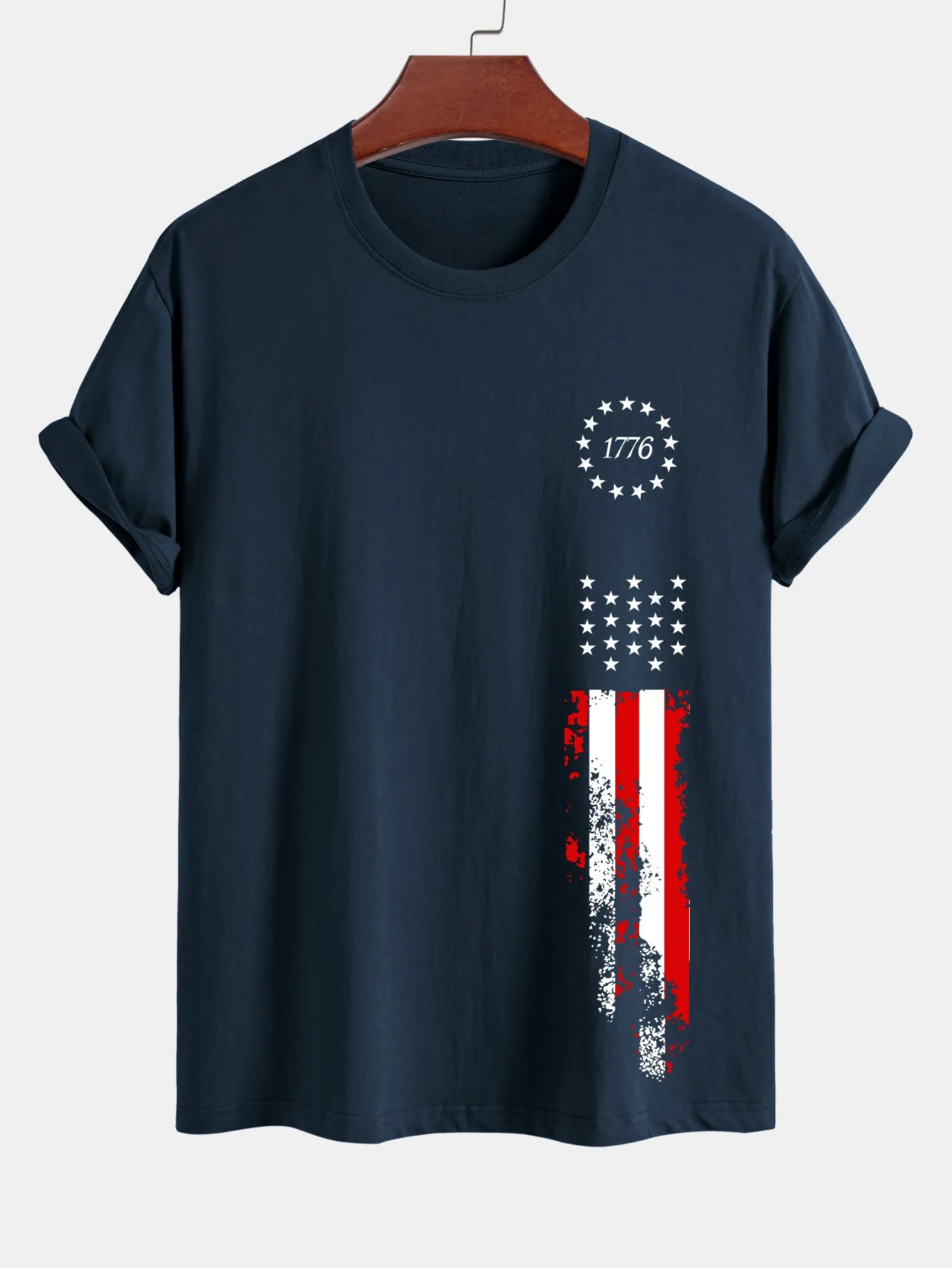Regular Fit 1776 American Flag Print Cotton T-Shirt sold by Hoooyi