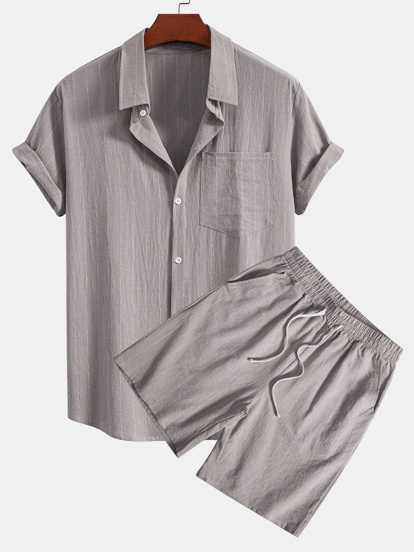 Linen Look Striped Button Up Shirt & Drawstring Shorts sold by Hoooyi product image thumbnail 5