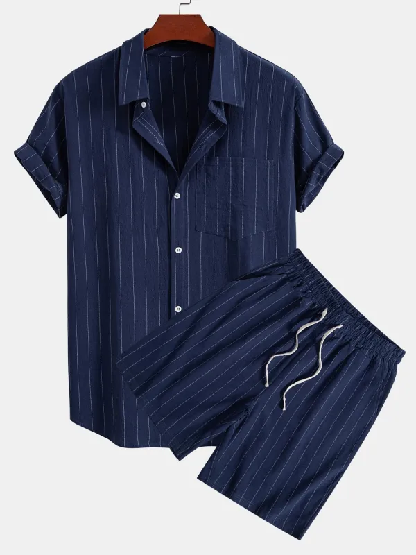 Linen Look Striped Button Up Shirt & Drawstring Shorts made by Hoooyi