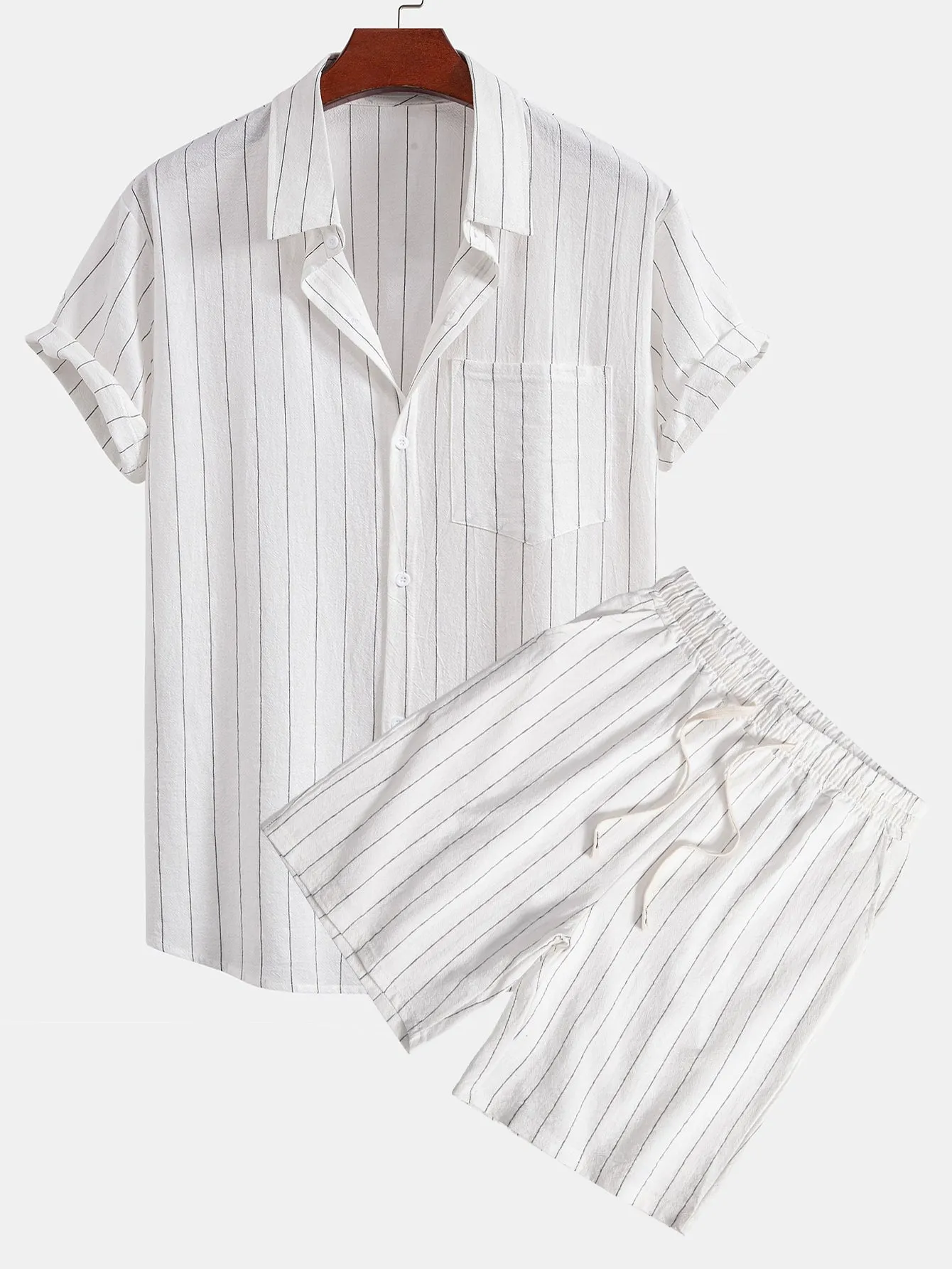 Linen Look Striped Button Up Shirt & Drawstring Shorts sold by Hoooyi product image thumbnail 3