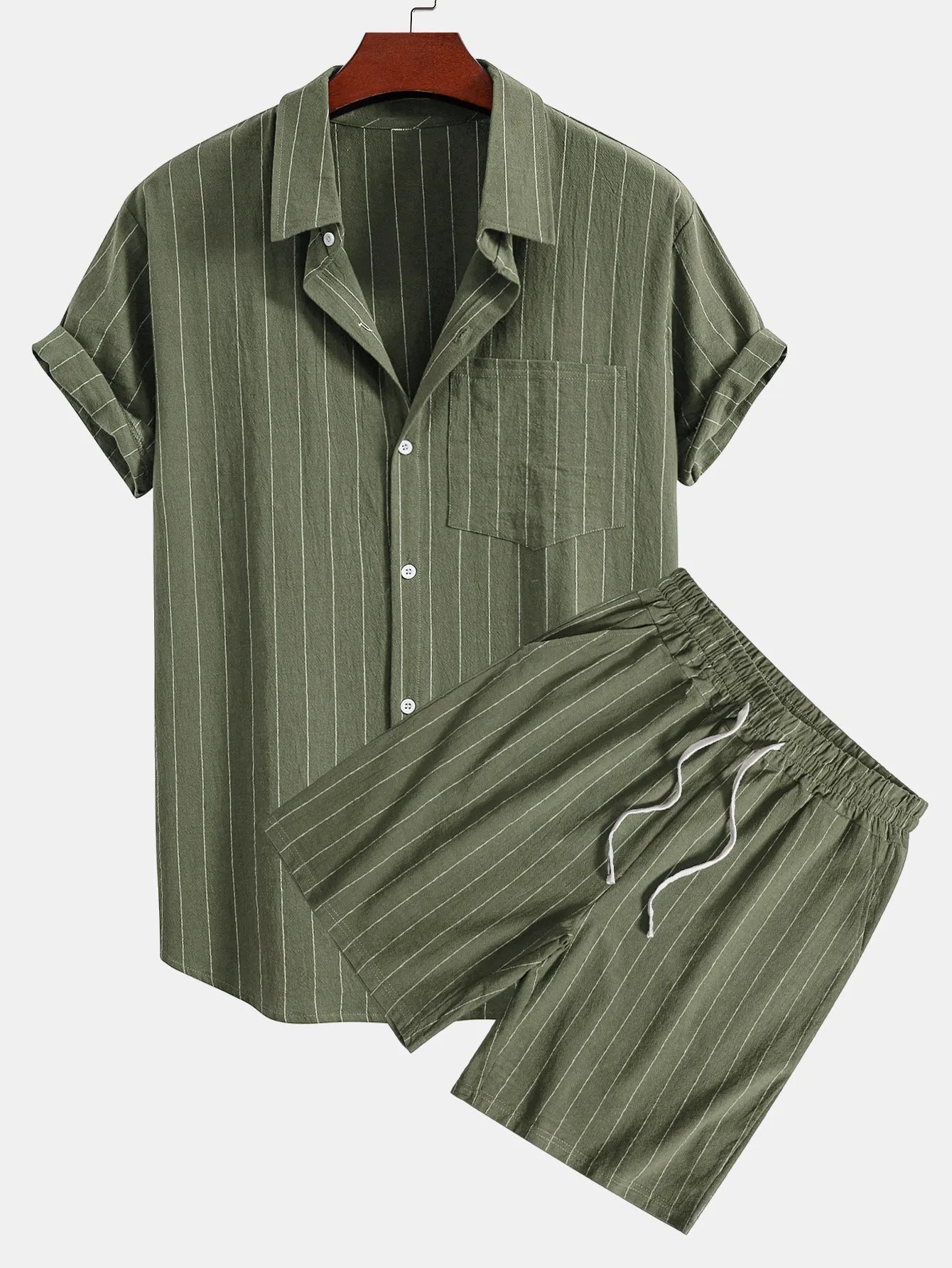 Linen Look Striped Button Up Shirt & Drawstring Shorts sold by Hoooyi product image thumbnail 2