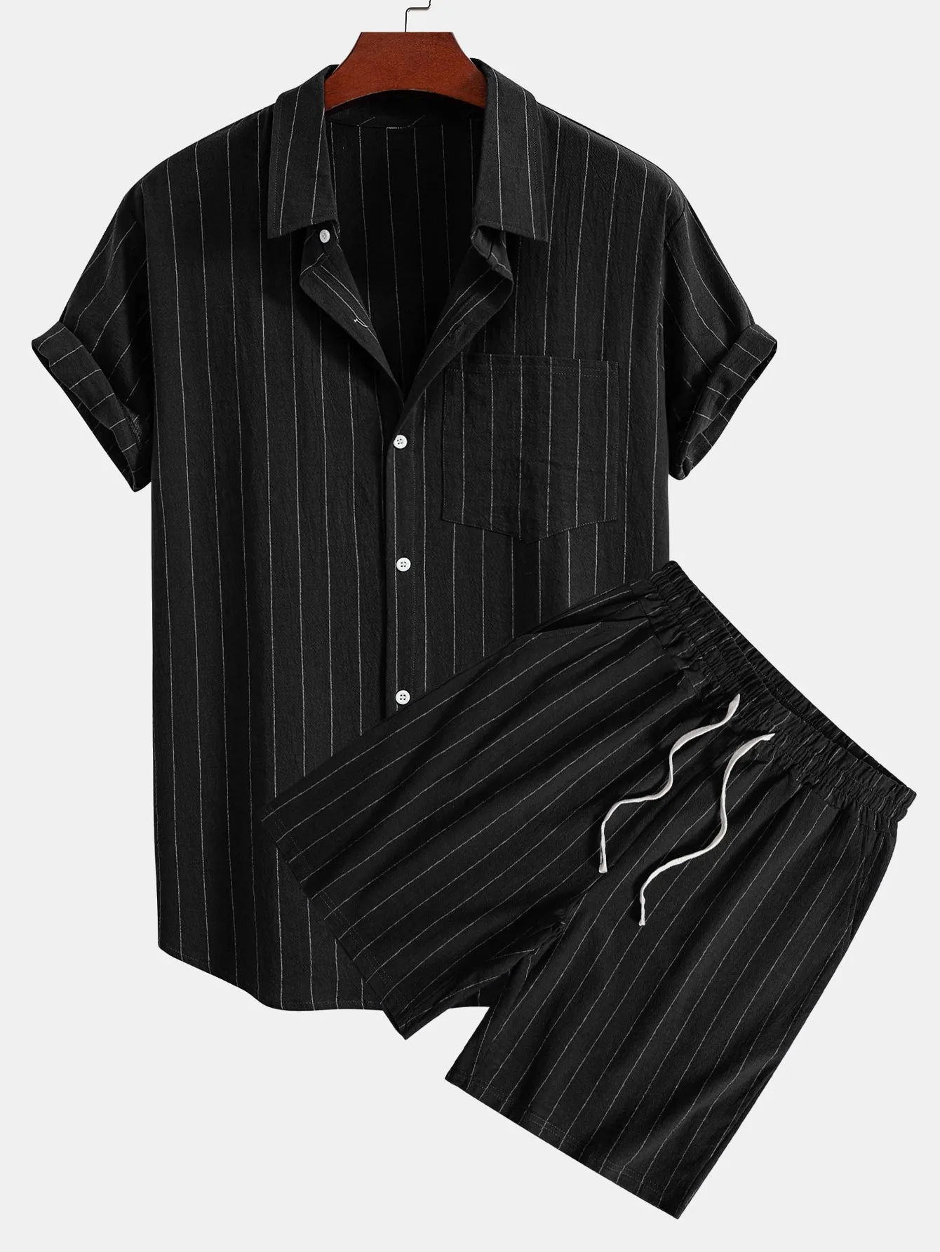Linen Look Striped Button Up Shirt & Drawstring Shorts sold by Hoooyi product image thumbnail 4