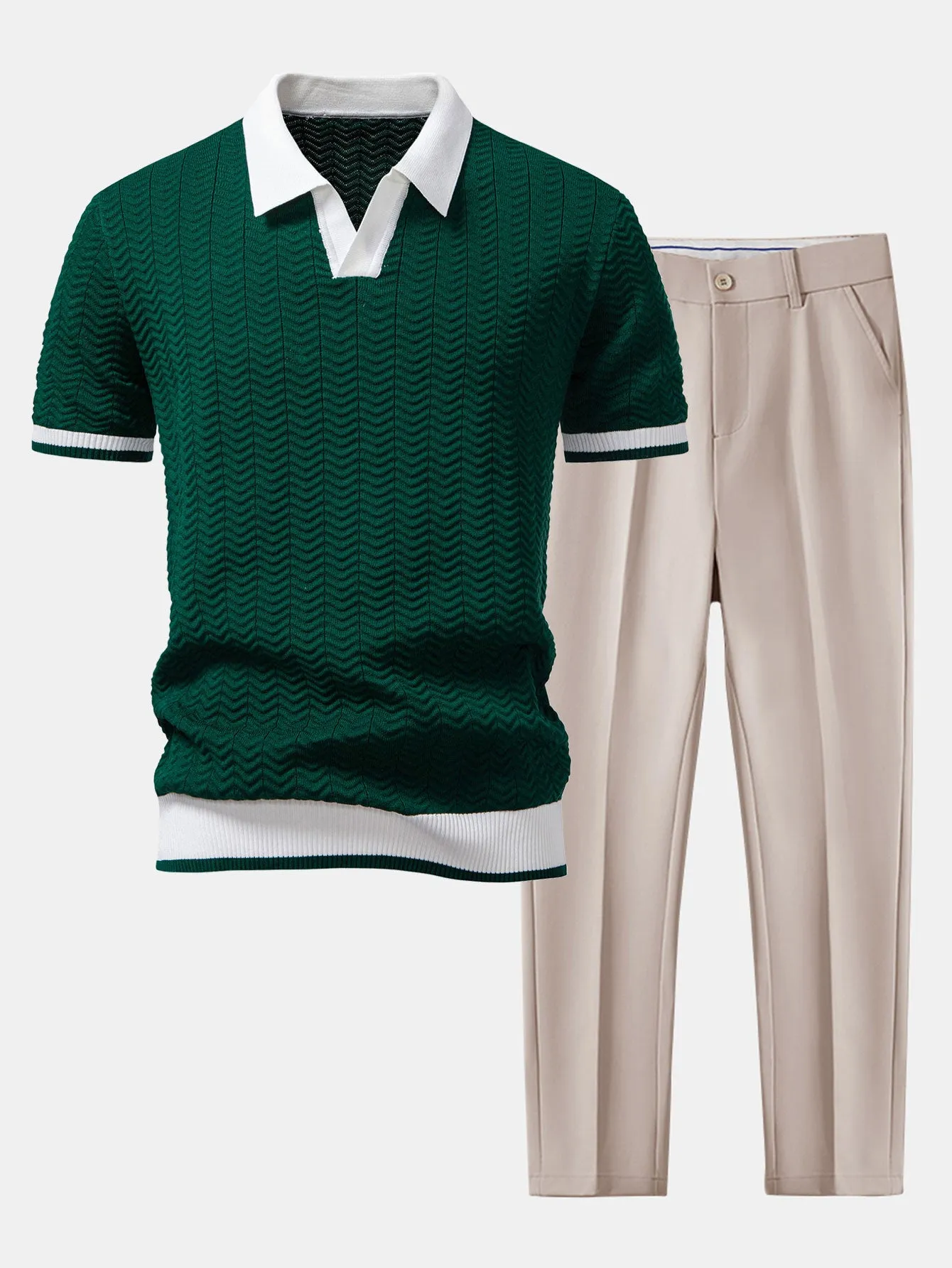 Texture Contrast Knitted V Neck Polo Shirt & Slim Fit Tapered Trousers sold by Hoooyi product image thumbnail 2