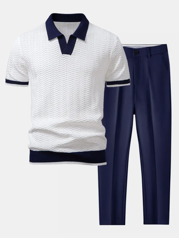 Texture Contrast Knitted V Neck Polo Shirt & Slim Fit Tapered Trousers sold by Hoooyi