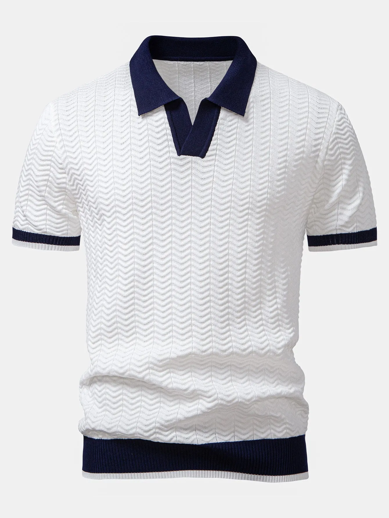 Texture Contrast Knitted V Neck Polo Shirt & Slim Fit Tapered Trousers sold by Hoooyi product image thumbnail 5