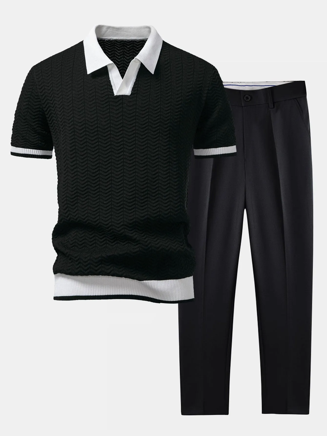 Texture Contrast Knitted V Neck Polo Shirt & Slim Fit Tapered Trousers sold by Hoooyi product image thumbnail 3
