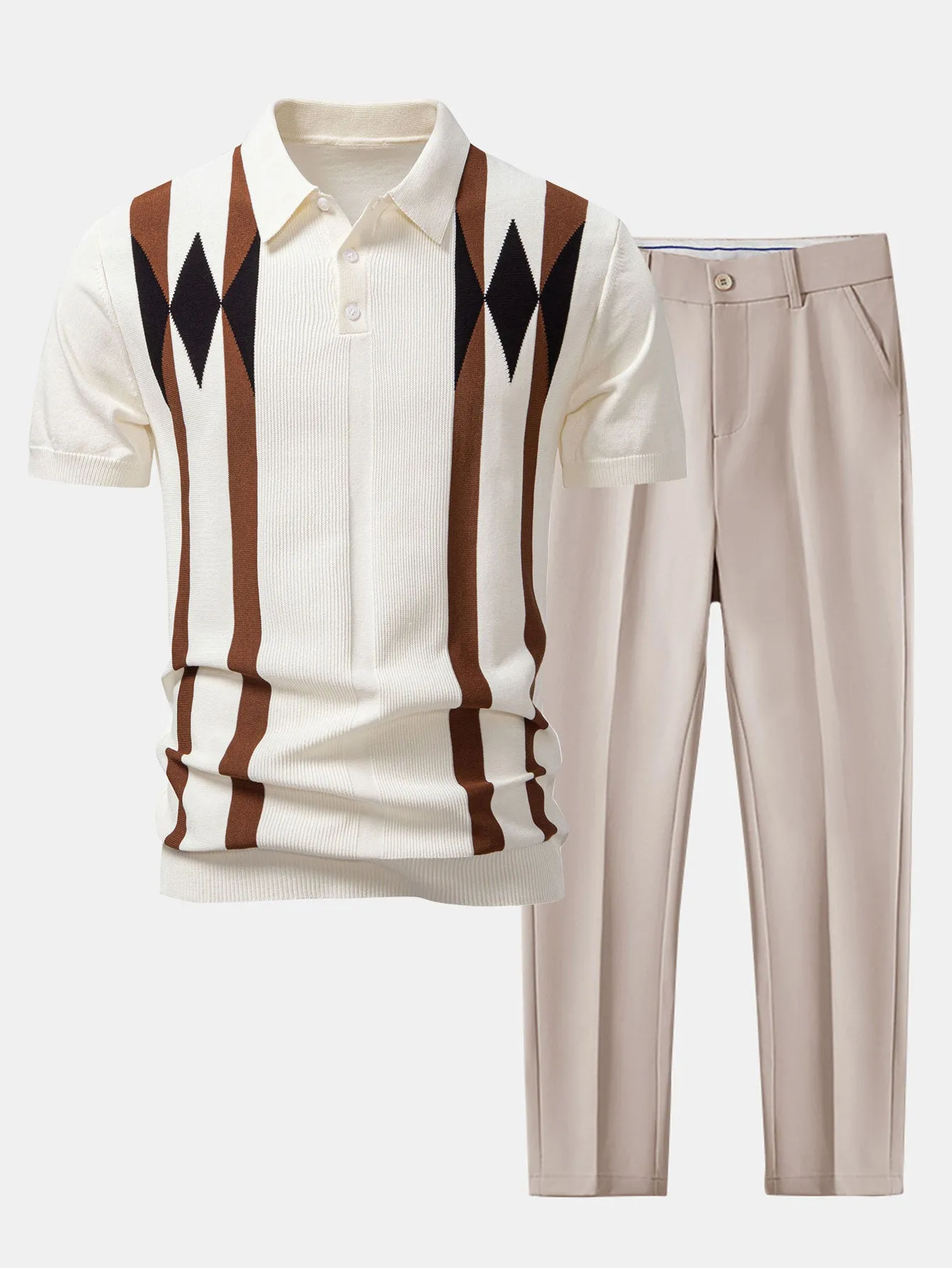 Stripe Geometric Jacquard Knitted Polo Shirt & Slim Fit Tapered Trousers sold by Hoooyi product image thumbnail 2