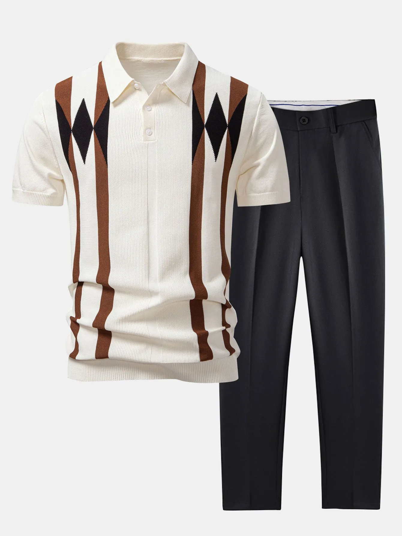 Stripe Geometric Jacquard Knitted Polo Shirt & Slim Fit Tapered Trousers sold by Hoooyi