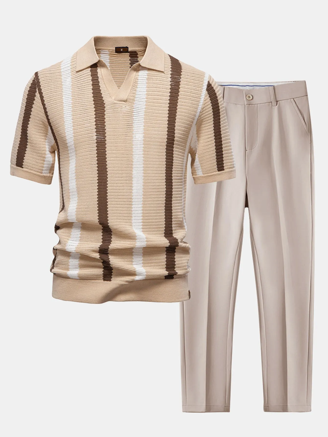 Stripe Knit V Neck Polo Shirt & Slim Fit Tapered Trousers sold by Hoooyi product image thumbnail 2