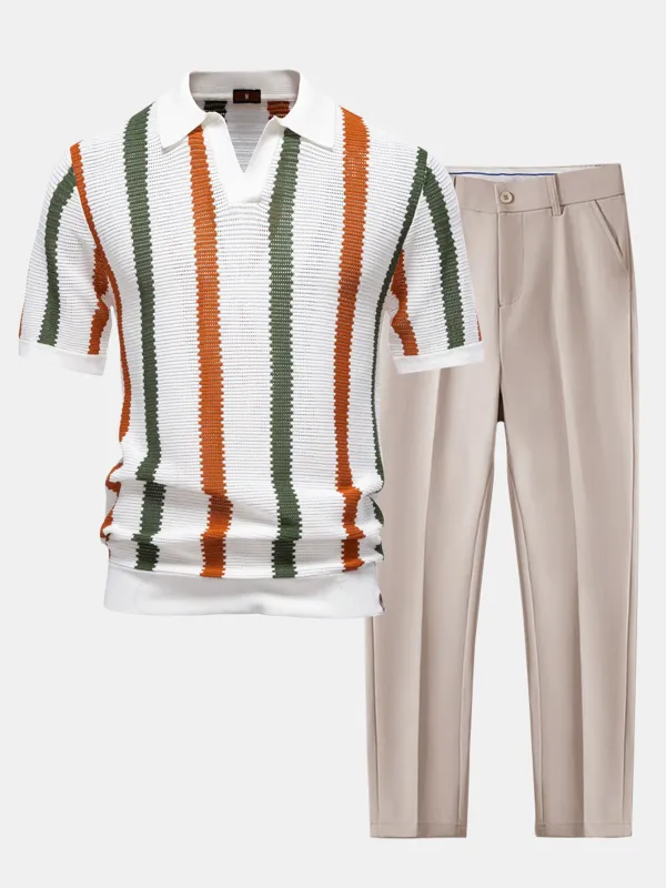 Stripe Knit V Neck Polo Shirt & Slim Fit Tapered Trousers sold by Hoooyi