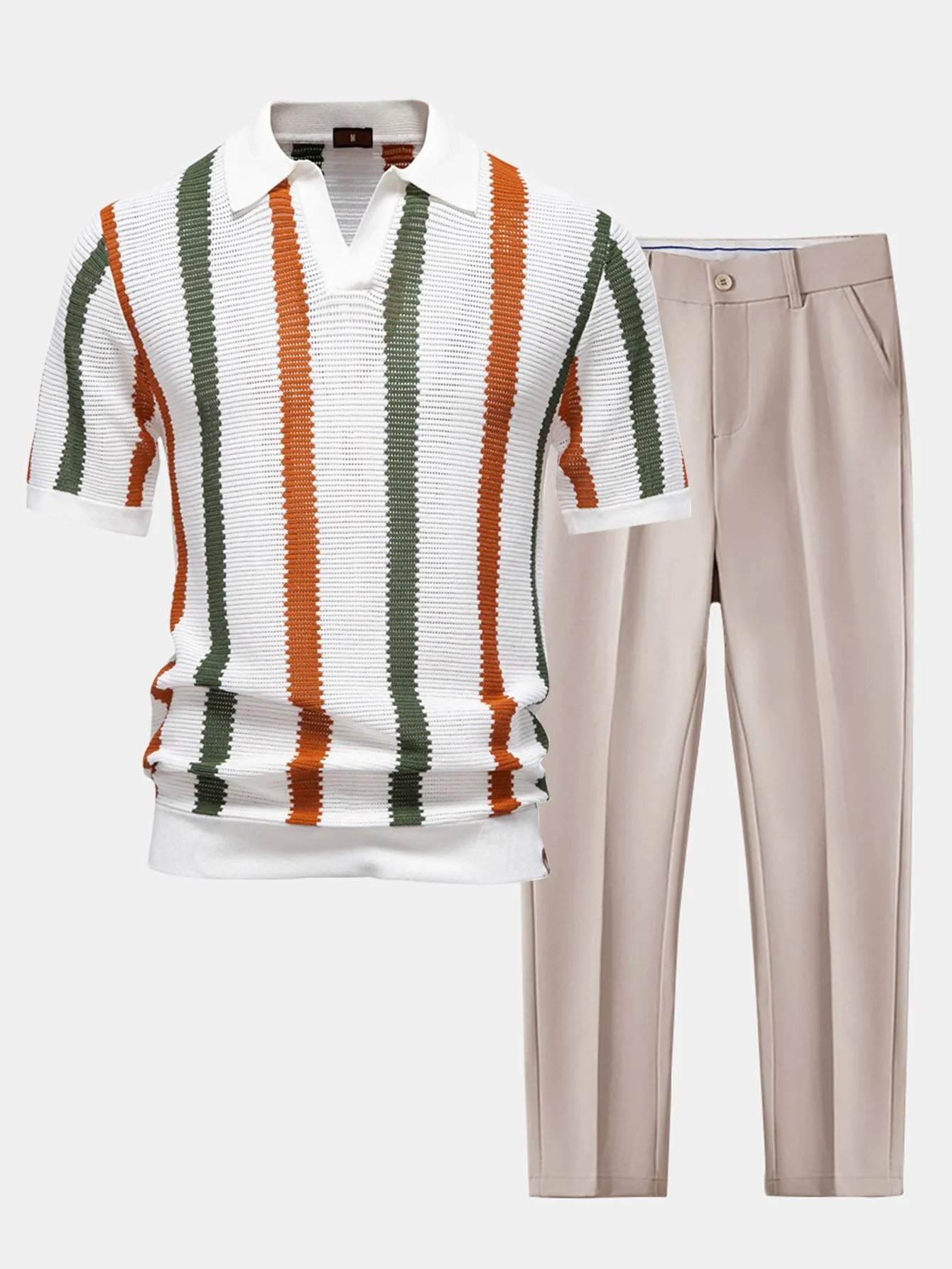 Stripe Knit V Neck Polo Shirt & Slim Fit Tapered Trousers sold by Hoooyi