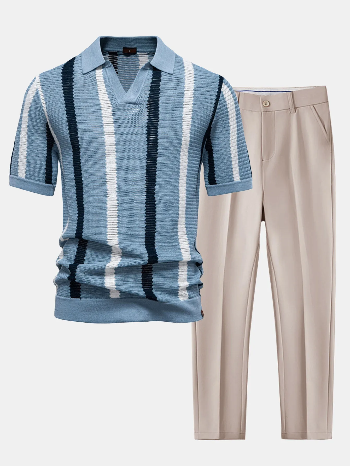 Stripe Knit V Neck Polo Shirt & Slim Fit Tapered Trousers sold by Hoooyi product image thumbnail 3