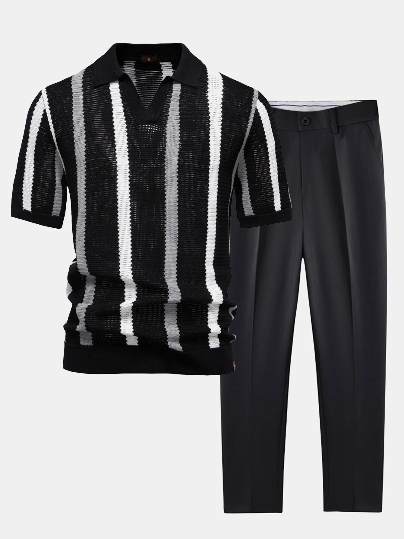 Stripe Knit V Neck Polo Shirt & Slim Fit Tapered Trousers sold by Hoooyi product image thumbnail 4