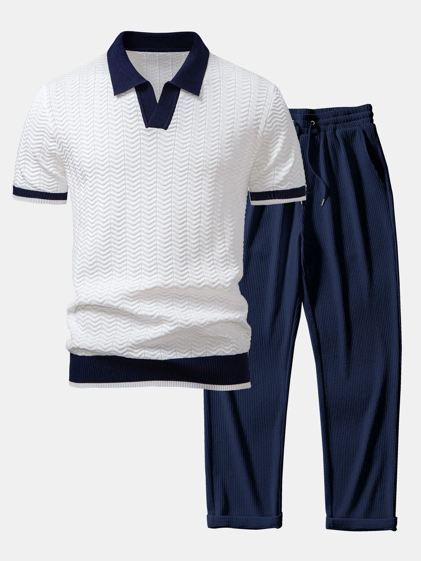 Texture Contrast Knitted V Neck Polo Shirt & Straight Leg Ribbed Pants sold by Hoooyi