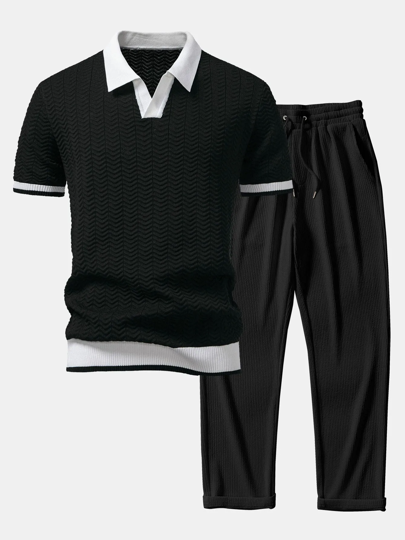 Texture Contrast Knitted V Neck Polo Shirt & Straight Leg Ribbed Pants sold by Hoooyi product image thumbnail 3
