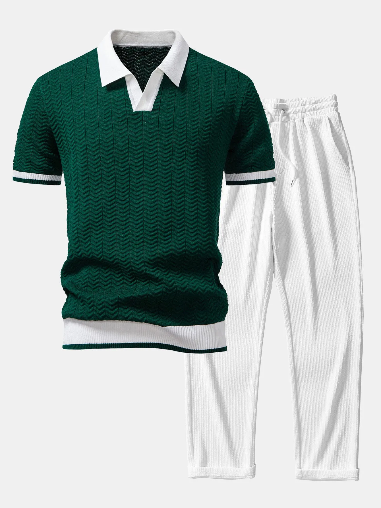 Texture Contrast Knitted V Neck Polo Shirt & Straight Leg Ribbed Pants sold by Hoooyi product image thumbnail 2