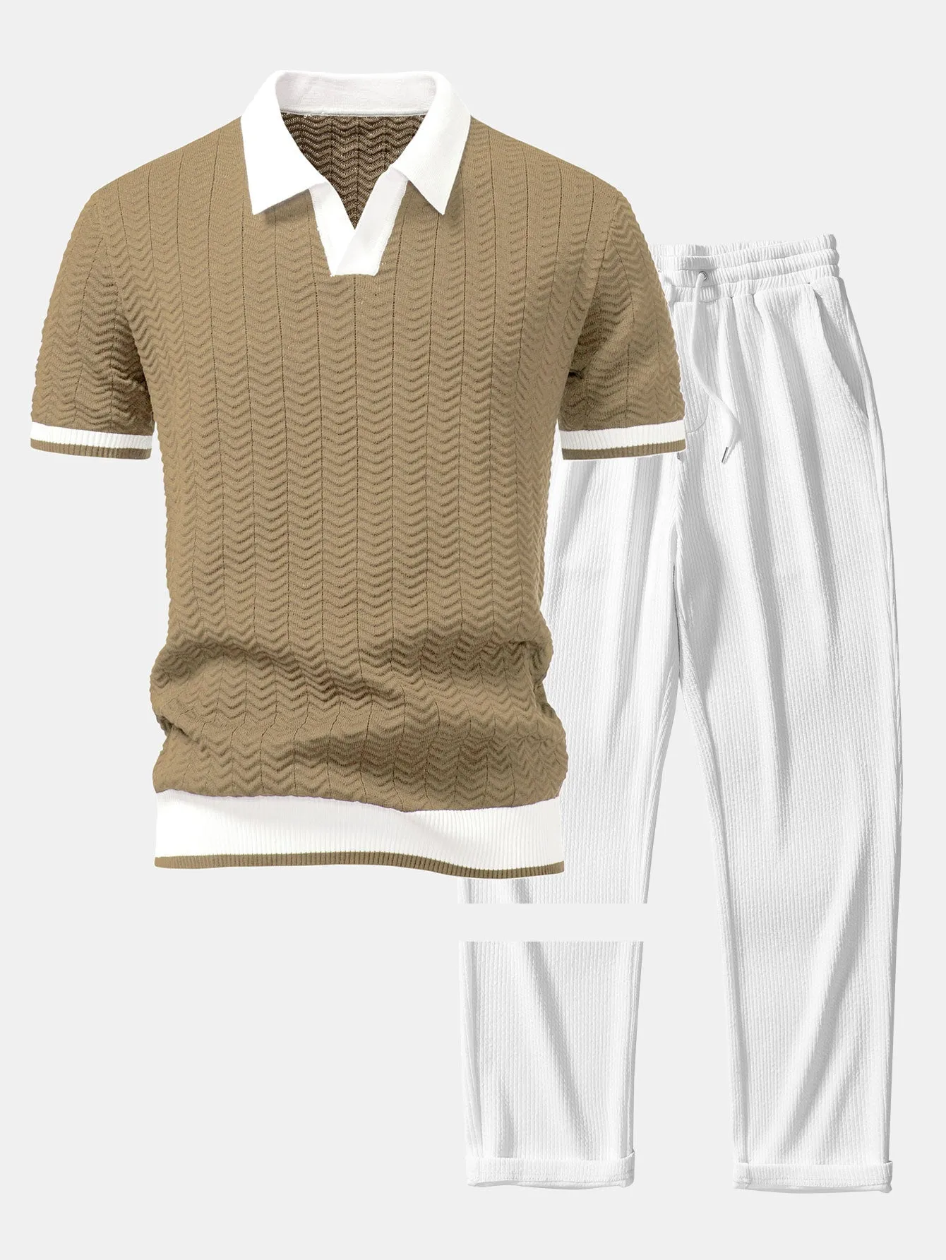 Texture Contrast Knitted V Neck Polo Shirt & Straight Leg Ribbed Pants sold by Hoooyi product image thumbnail 5