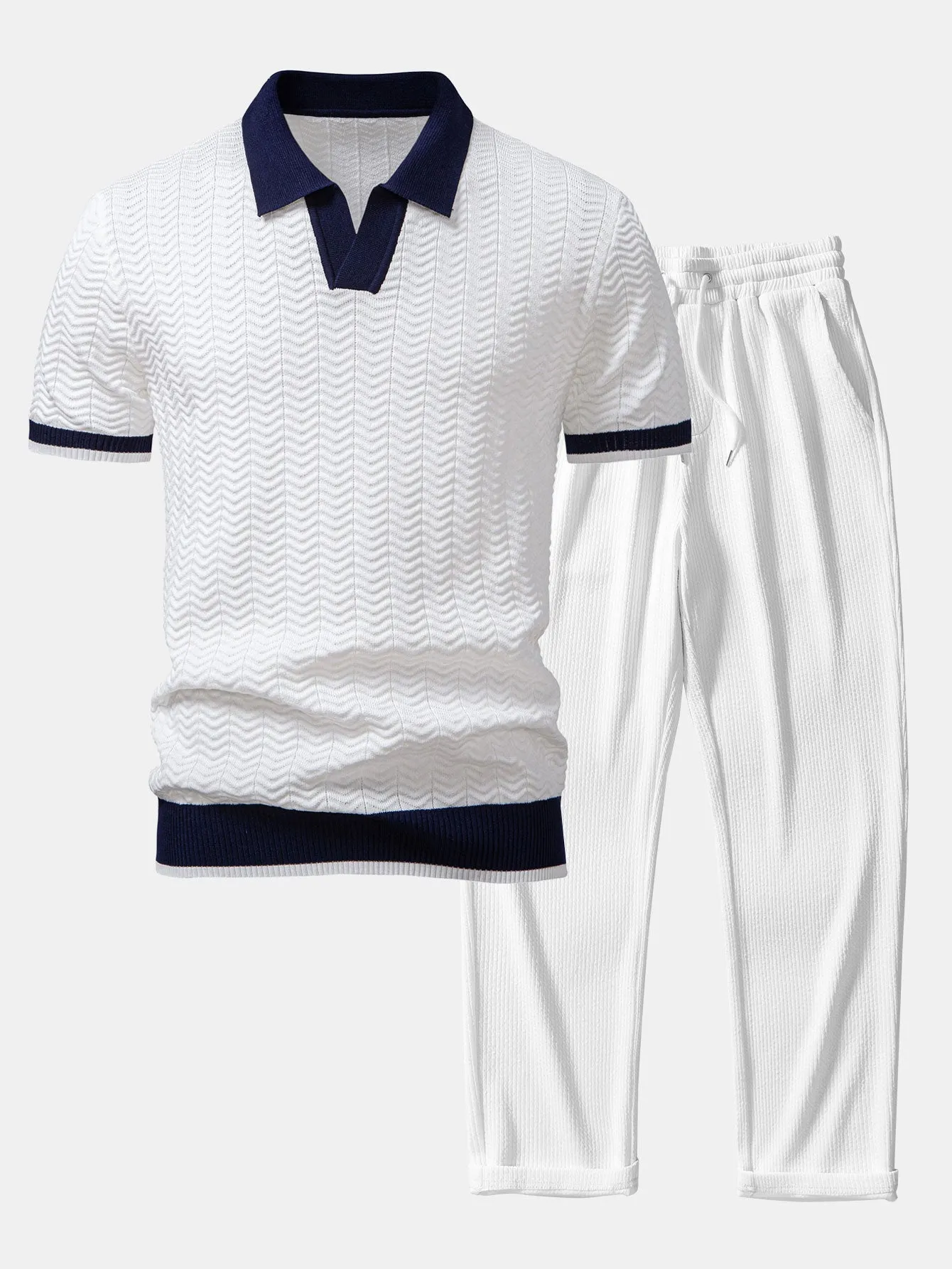 Texture Contrast Knitted V Neck Polo Shirt & Straight Leg Ribbed Pants sold by Hoooyi product image thumbnail 4