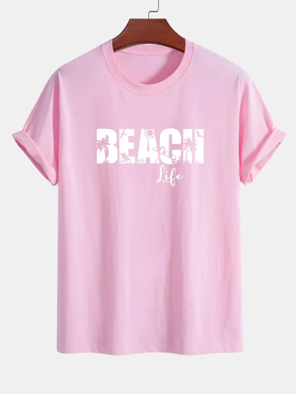 Regular Fit Beach Life Print Cotton T-Shirt sold by Hoooyi