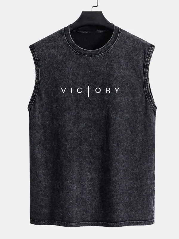 Victory Slogan Print Washed Distressed Tank Top sold by Hoooyi