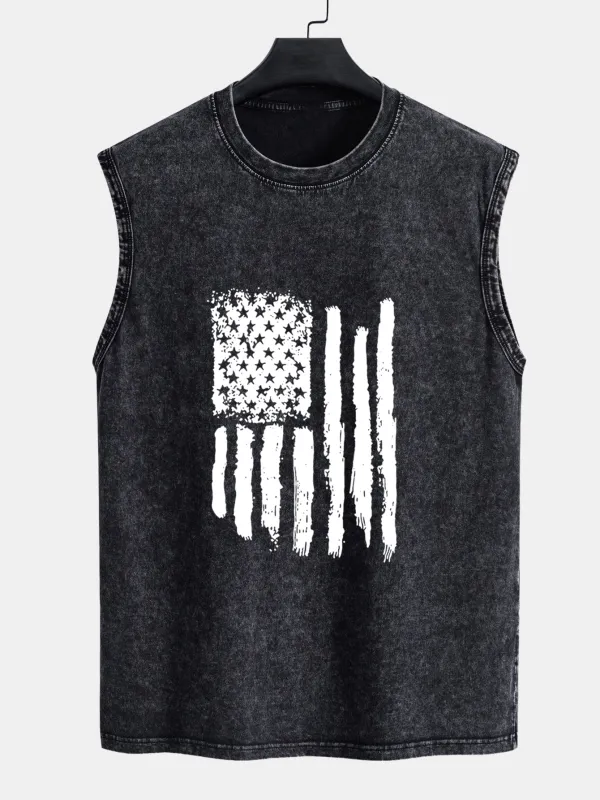 American Flag Print Washed Distressed Tank Top sold by Hoooyi