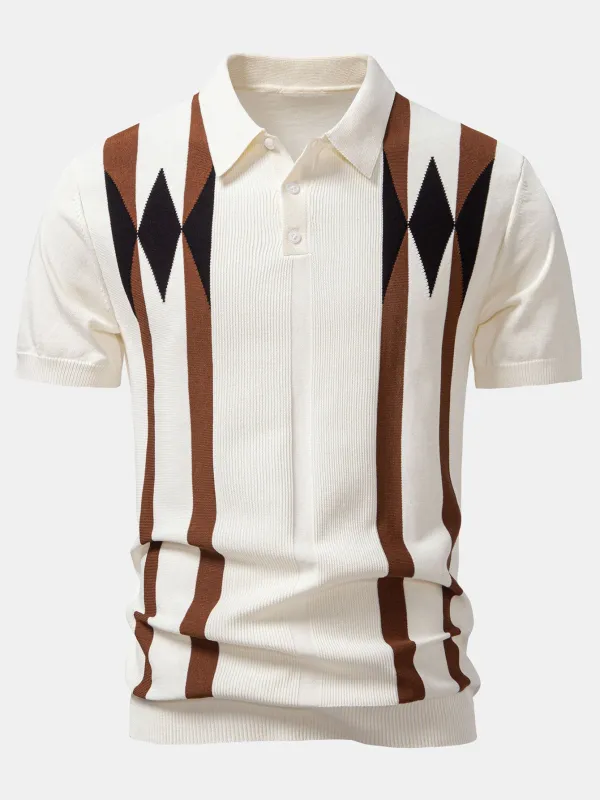 Stripe Geometric Jacquard Knitted Polo Shirt sold by Hoooyi