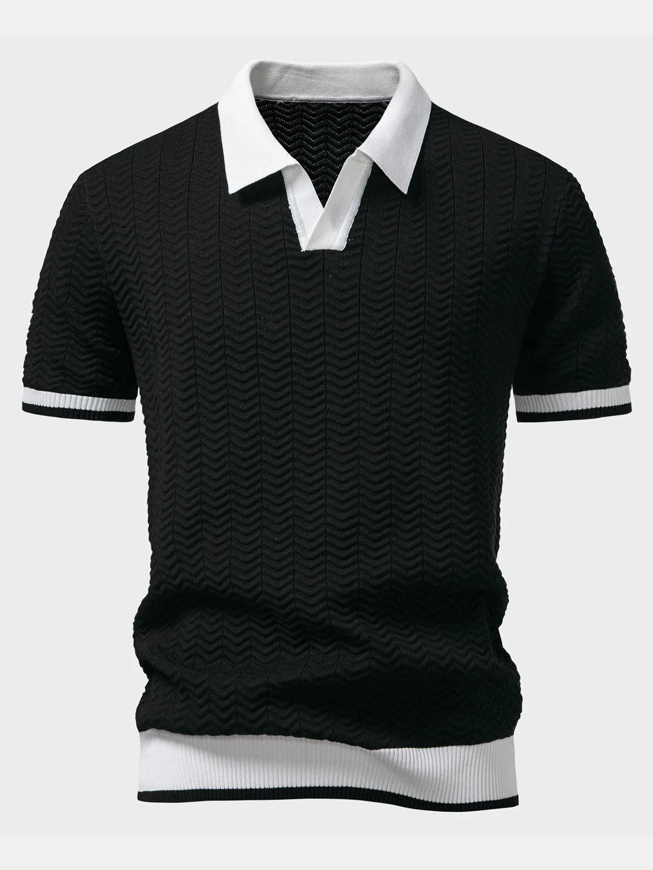 Texture Contrast Knitted V Neck Polo Shirt sold by Hoooyi product image thumbnail 5