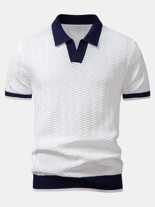 Texture Contrast Knitted V Neck Polo Shirt sold by Hoooyi