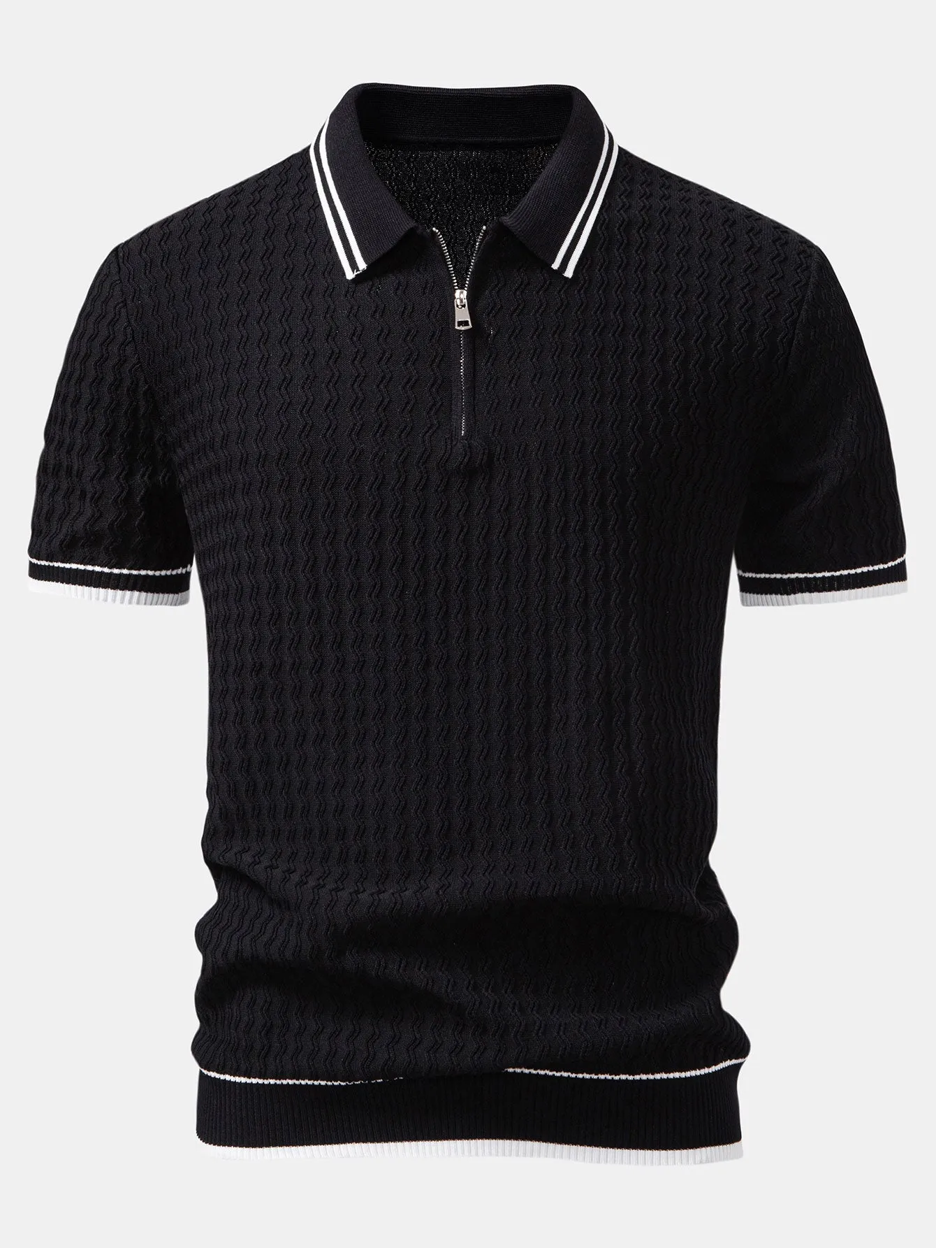 Wave Jacquard Zip Up Knitted Polo Shirt sold by Hoooyi product image thumbnail 3