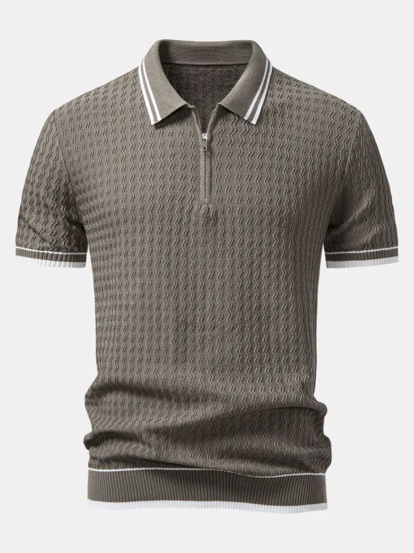 Wave Jacquard Zip Up Knitted Polo Shirt made by Hoooyi