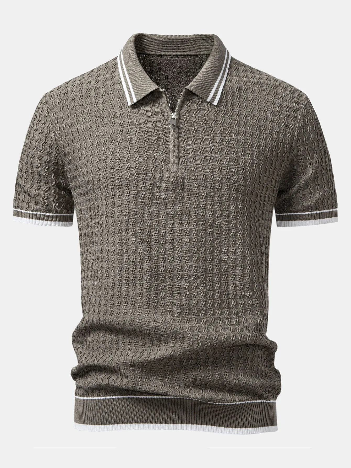 Wave Jacquard Zip Up Knitted Polo Shirt sold by Hoooyi
