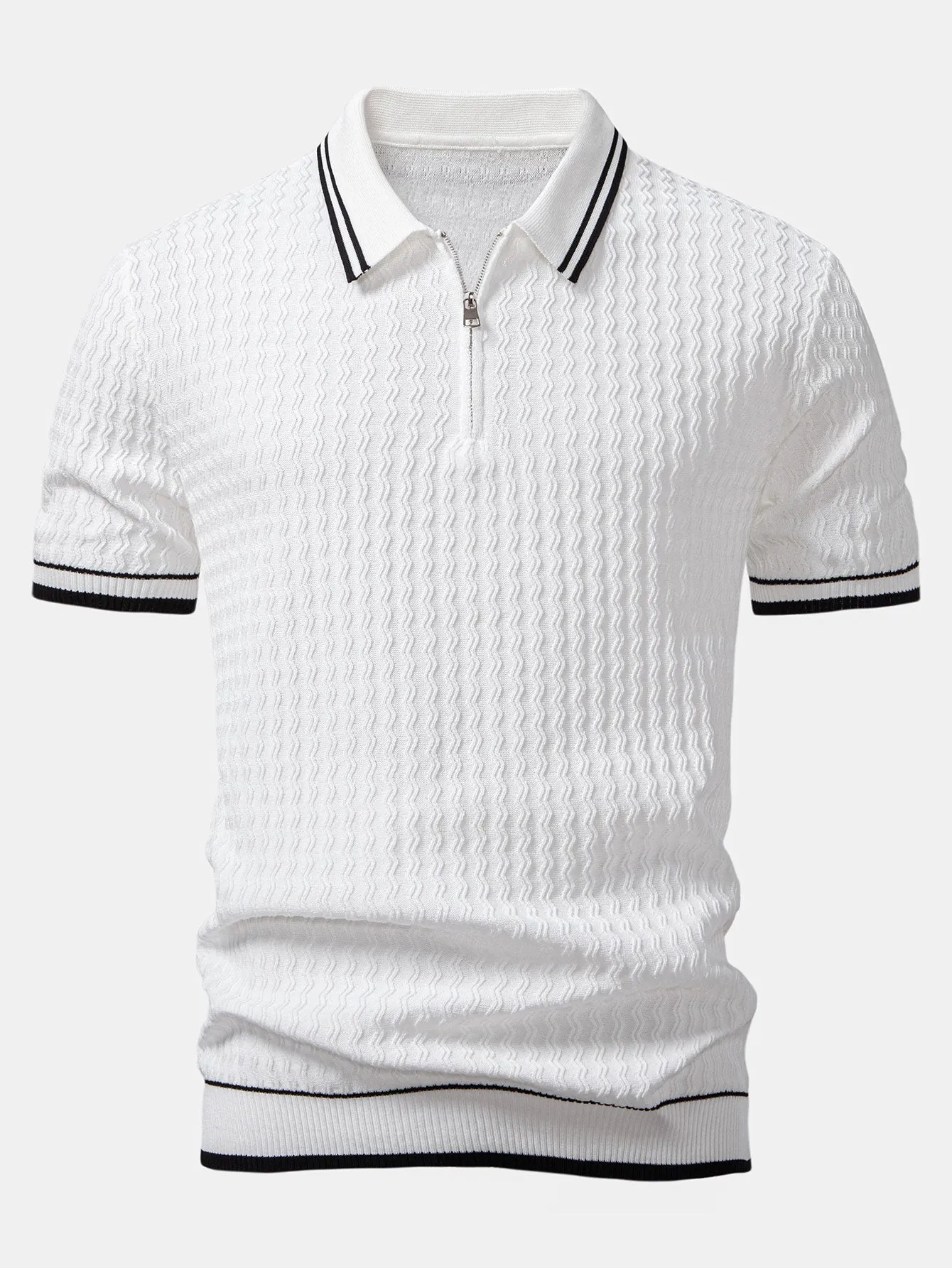 Wave Jacquard Zip Up Knitted Polo Shirt sold by Hoooyi product image thumbnail 5