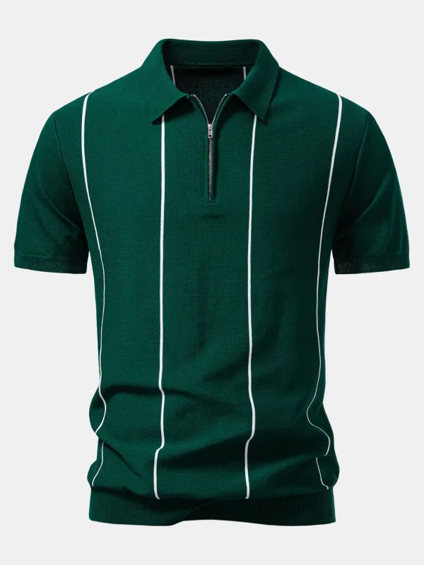 Stripe Zip Up Knitted Polo Shirt sold by Hoooyi