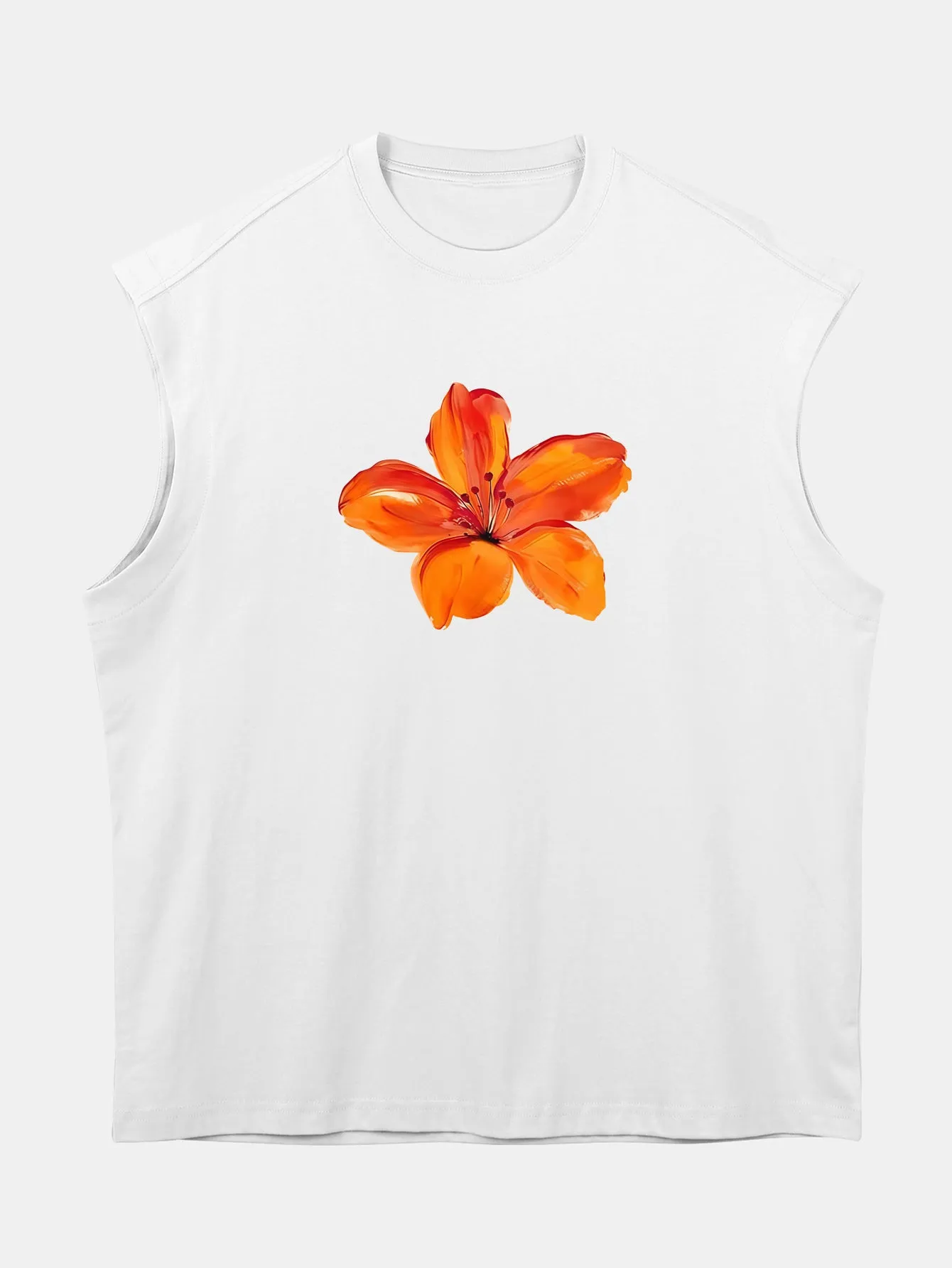 Relax Fit Orange Flower Print Cotton Drop Shoulder Sleeveless T-Shirt sold by Hoooyi