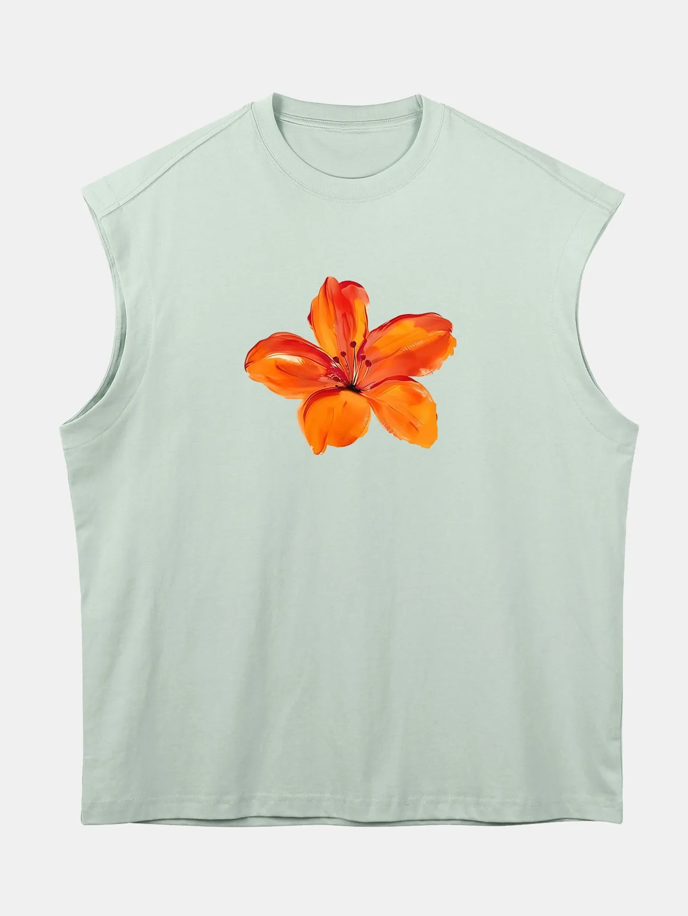 Relax Fit Orange Flower Print Cotton Drop Shoulder Sleeveless T-Shirt sold by Hoooyi product image thumbnail 3