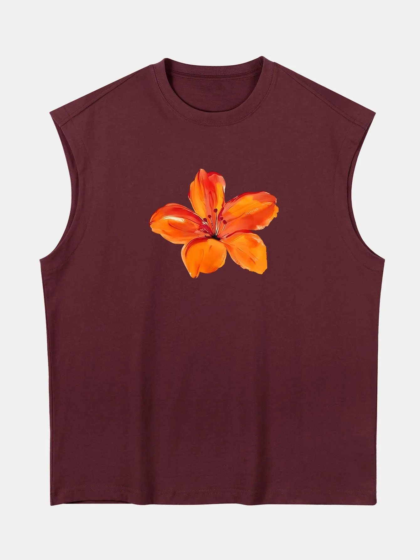 Relax Fit Orange Flower Print Cotton Drop Shoulder Sleeveless T-Shirt sold by Hoooyi product image thumbnail 5