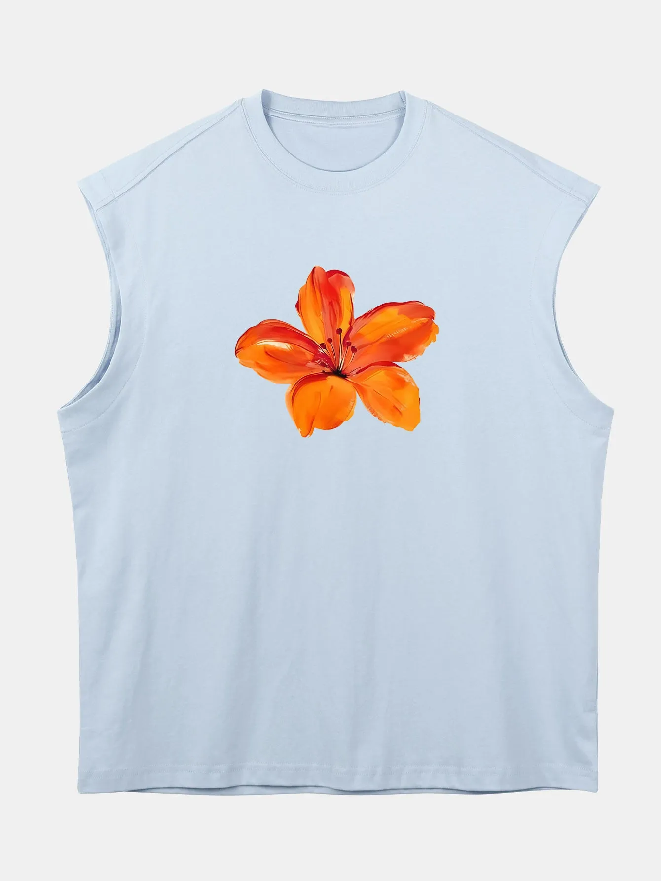 Relax Fit Orange Flower Print Cotton Drop Shoulder Sleeveless T-Shirt sold by Hoooyi product image thumbnail 2