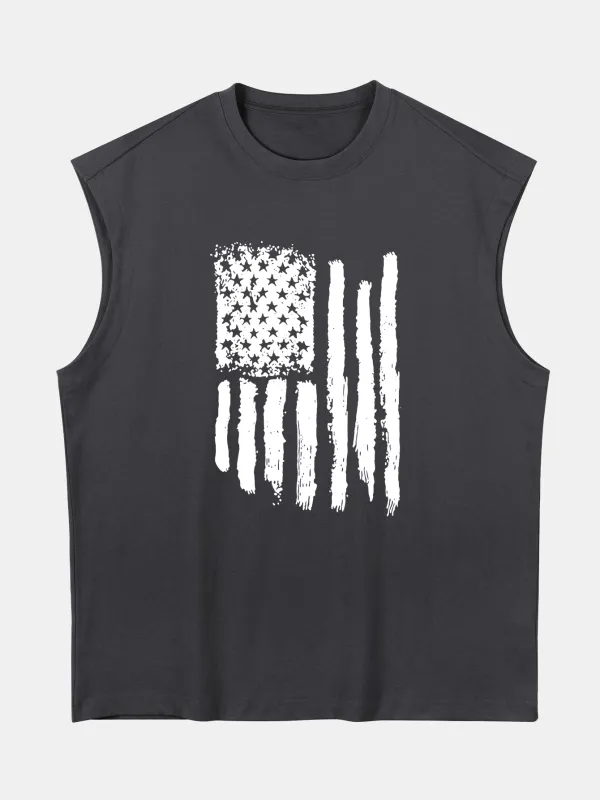 Relax Fit American Flag Print Cotton Drop Shoulder Sleeveless T-Shirt sold by Hoooyi