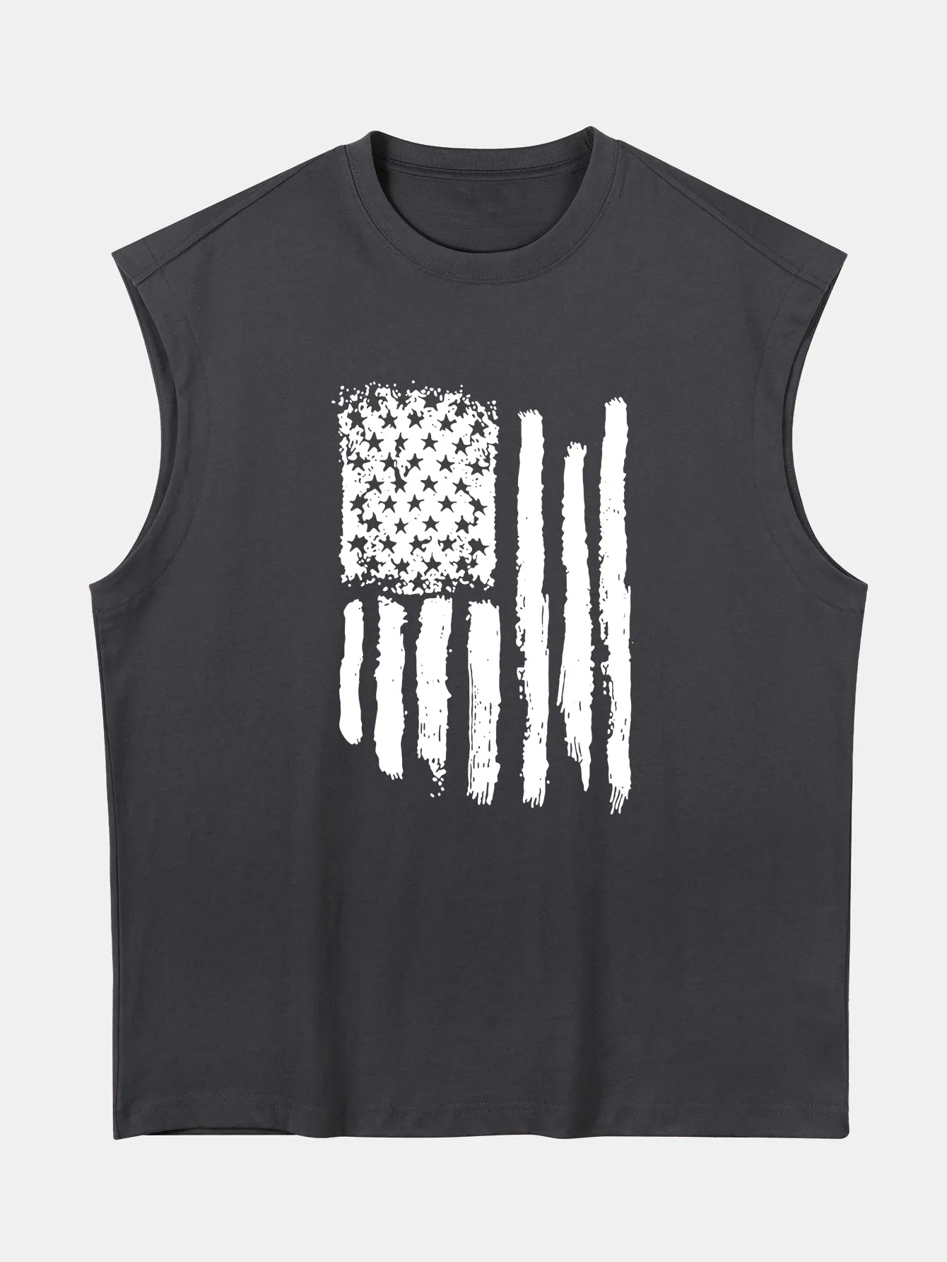 Relax Fit American Flag Print Cotton Drop Shoulder Sleeveless T-Shirt sold by Hoooyi