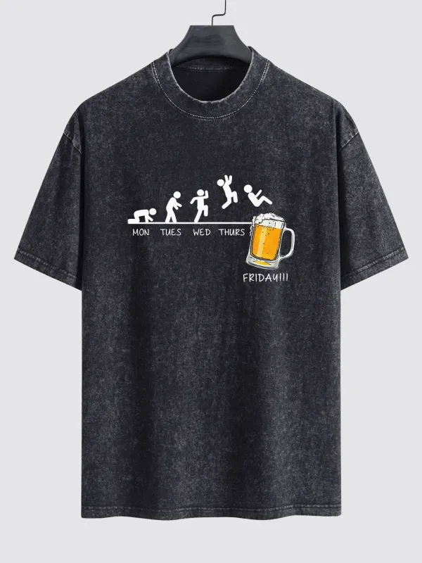 Beer Weekly Evolution Print Washed Distressed Drop Shoulder T-Shirt sold by Hoooyi