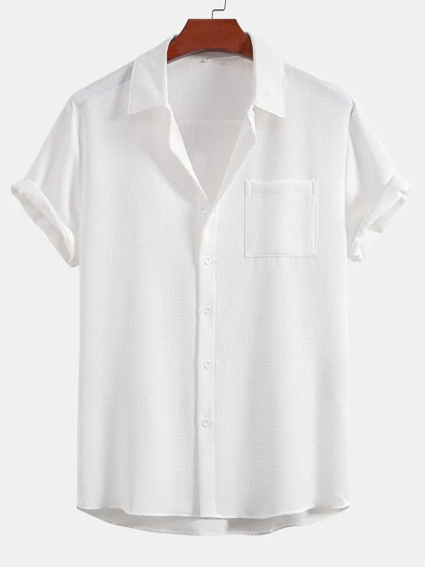 Waffle Textured Button Up Shirt With Pocket made by Hoooyi