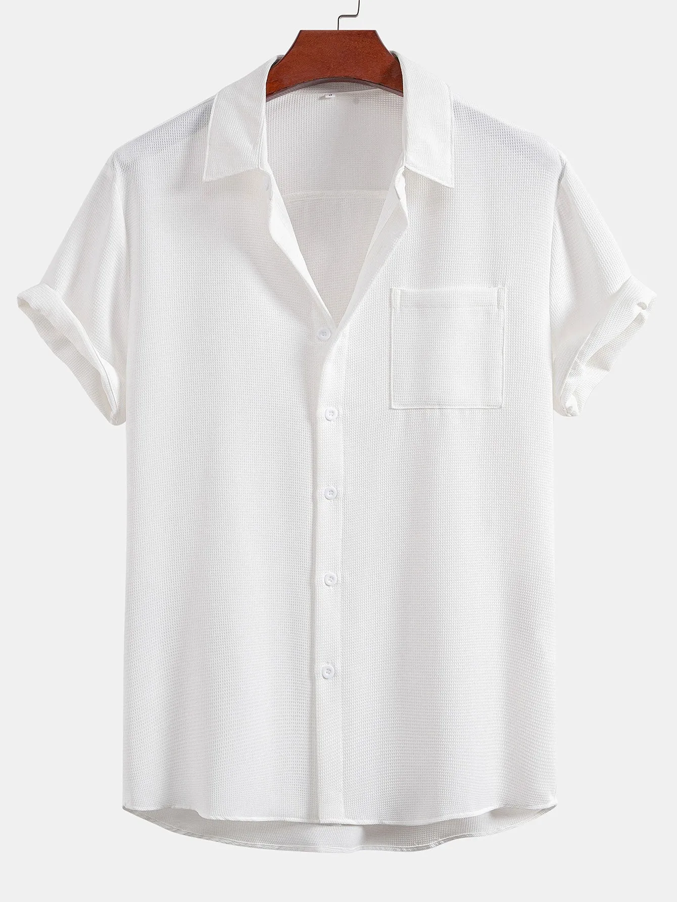 Waffle Textured Button Up Shirt With Pocket sold by Hoooyi