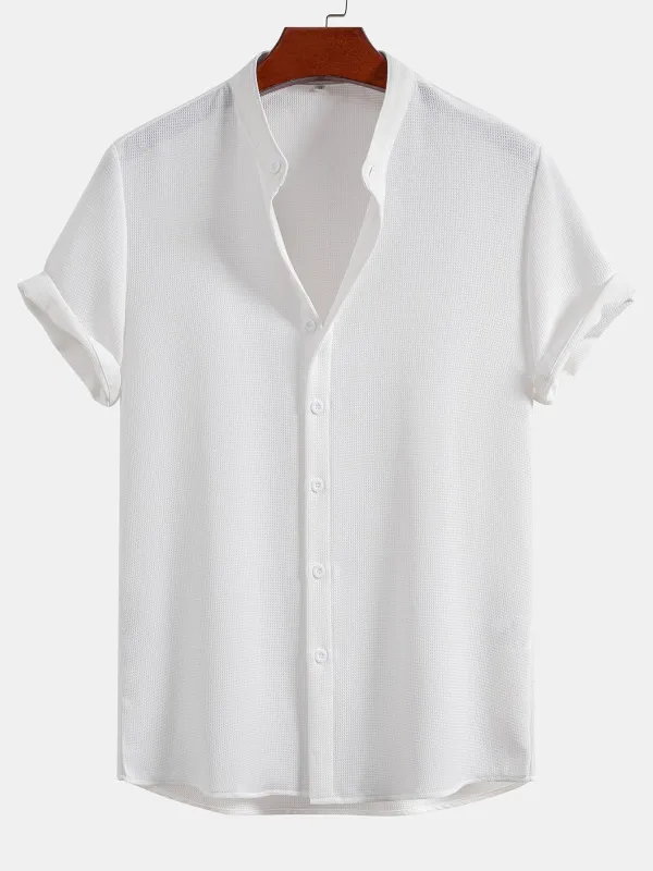 Waffle Textured Stand Collar Shirt made by Hoooyi