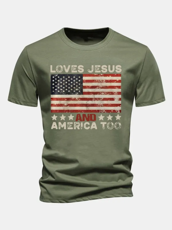 Regular Fit Jesus American Flag Slogan Print Cotton T-Shirt made by Hoooyi