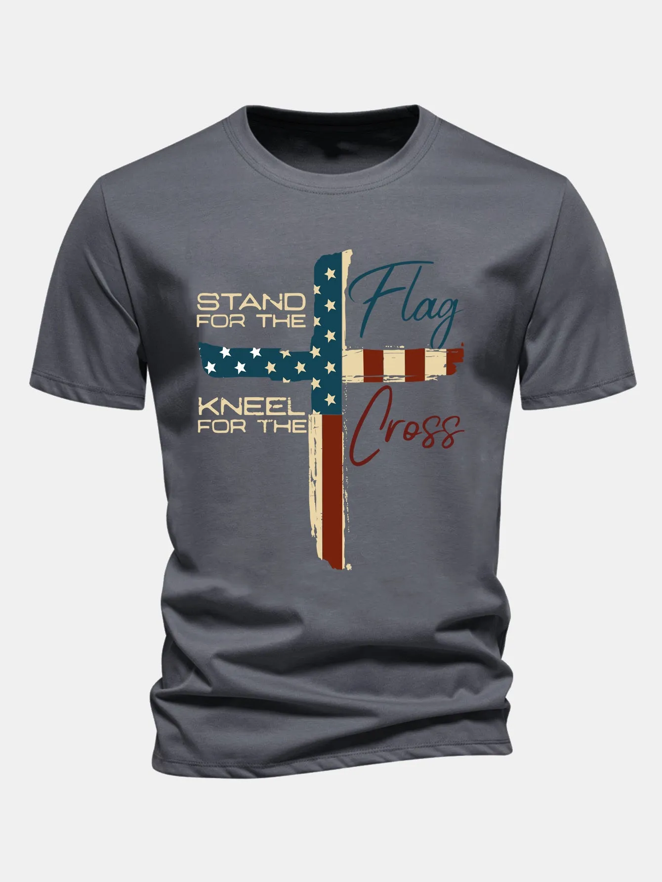 Regular Fit Retro American Flag Cross Print Cotton T-Shirt sold by Hoooyi product image thumbnail 3