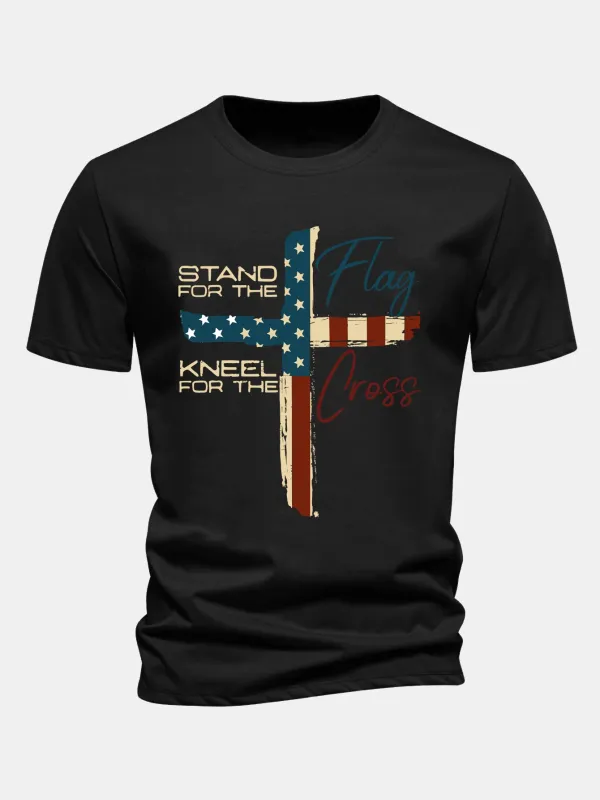 Regular Fit Retro American Flag Cross Print Cotton T-Shirt made by Hoooyi