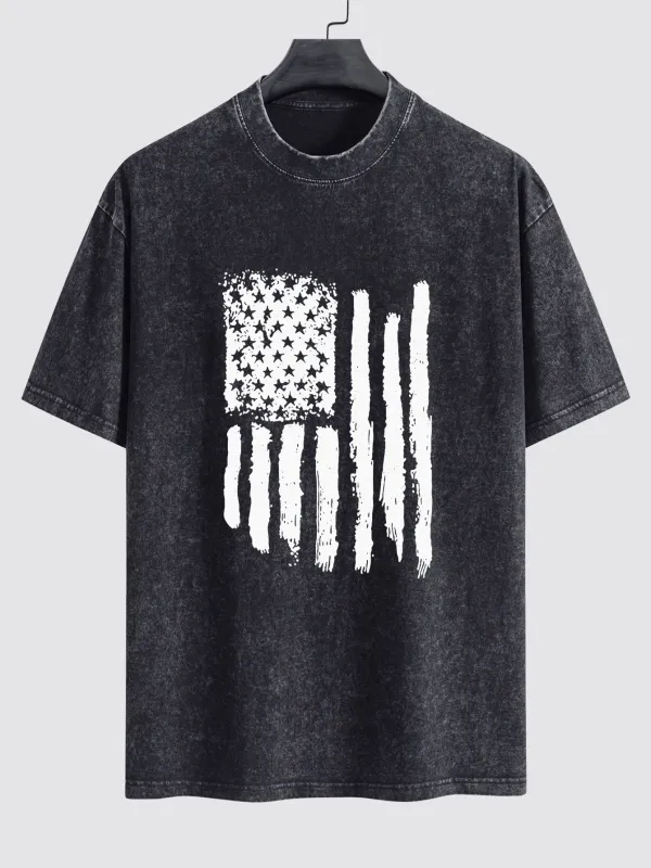 American Flag Print Washed Distressed Drop Shoulder T-Shirt made by Hoooyi