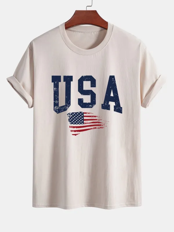 Regular Fit USA Flag Print Cotton T-Shirt sold by Hoooyi